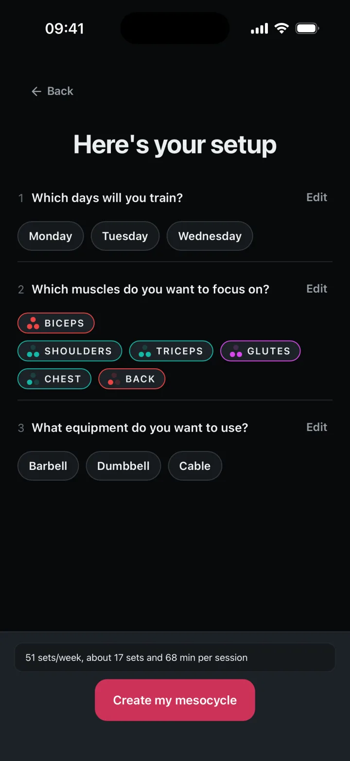 The Mesostrength setup wizard asking which days of the week you train.