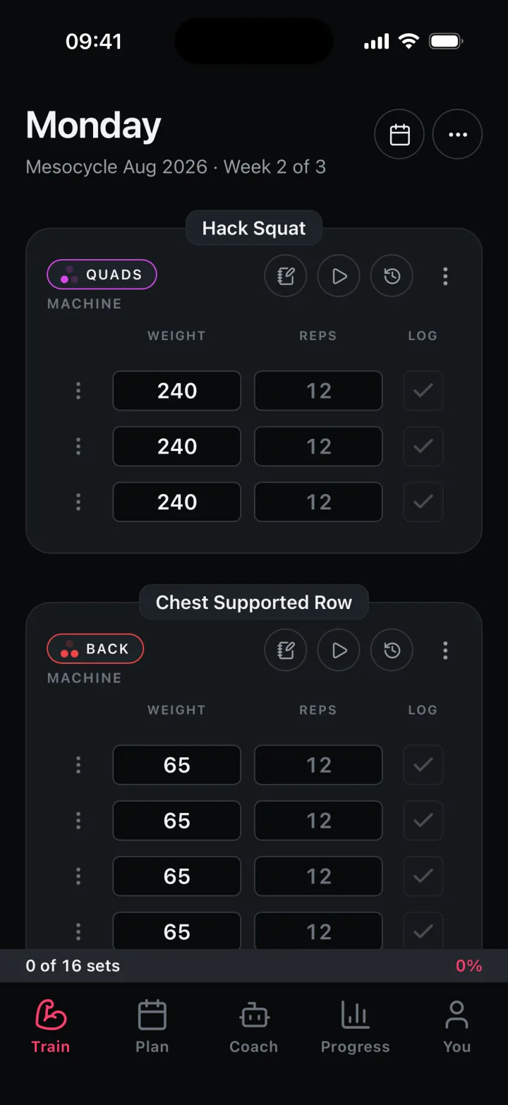 Today's workout, with the target sets, reps and weight for each exercise.