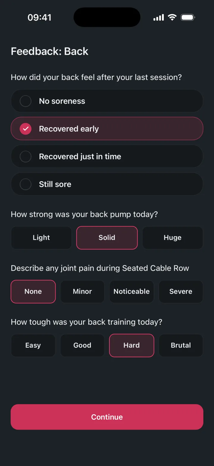 A workout in progress, with logged sets above the prompt asking how a muscle group felt.