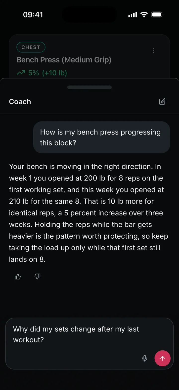 A coach conversation answering a question about a lift that has stalled.